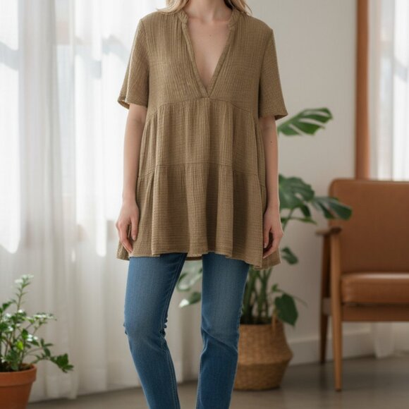 Anthropologie Dress Mini Womens S Moss Green Flounced Ruffle Coastal Boho Tunic - Picture 1 of 8